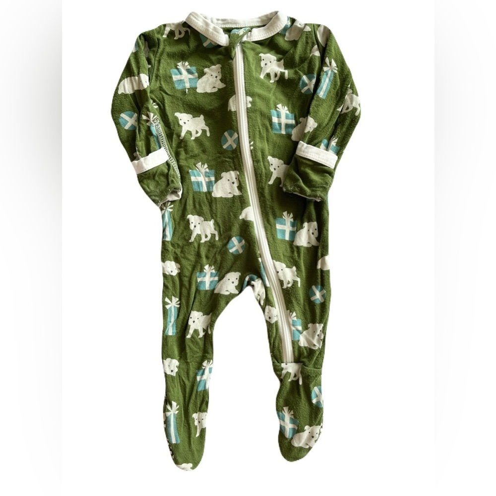 Kickee Pants Green and White Puppy and Present Footed One Piece Sleeper